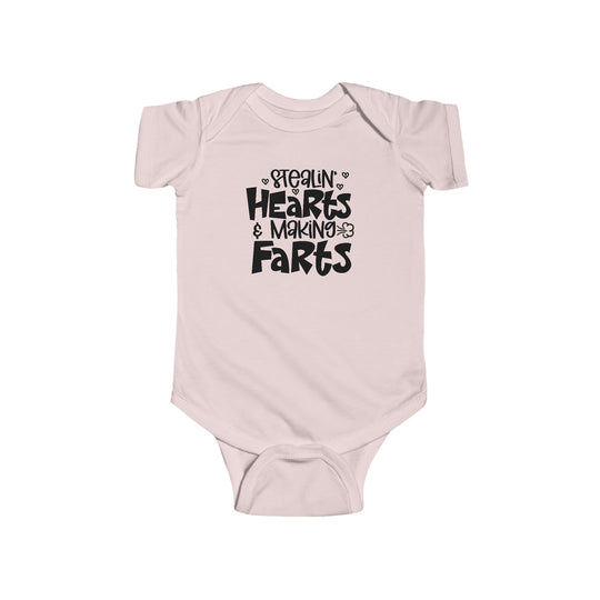 Infant fine jersey bodysuit featuring Stealin Hearts and Making Farts title. 100% cotton fabric, ribbed knit bindings, plastic snaps at closure. From Worlds Worst Tees.