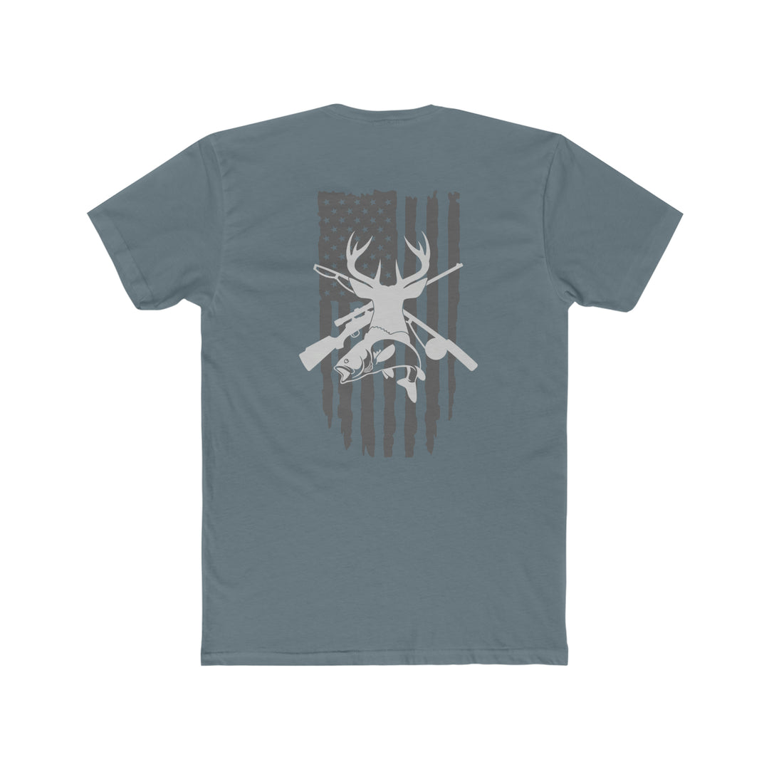 Real American Tee: Back view of a premium fitted short sleeve t-shirt with a white deer, rifles, and a ballet dancer logo. Made of 100% combed cotton, light fabric, tear-away label. Ideal for workouts or daily wear.