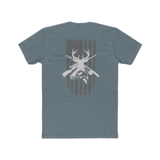 Real American Tee: Back view of a premium fitted short sleeve t-shirt with a white deer, rifles, and a ballet dancer logo. Made of 100% combed cotton, light fabric, tear-away label. Ideal for workouts or daily wear.