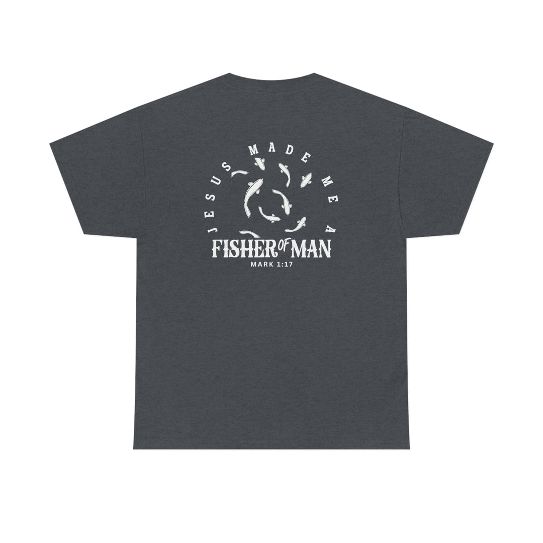 Unisex Fisher of Man Tee, a grey t-shirt with a white fish logo. Classic fit, 100% cotton, ribbed knit collar, and durable tape on shoulders. Sizes S to 5XL. Ideal staple for casual fashion.