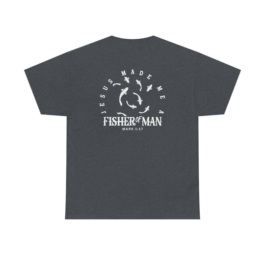 Unisex Fisher of Man Tee, a grey t-shirt with a white fish logo. Classic fit, 100% cotton, ribbed knit collar, and durable tape on shoulders. Sizes S to 5XL. Ideal staple for casual fashion.