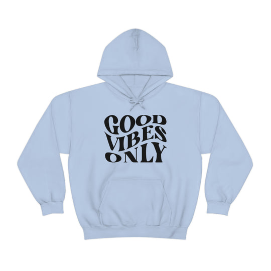 A heavy blend Good Vibes Only hoodie, cotton-polyester mix, no side seams, kangaroo pocket, matching drawstring. Medium-heavy fabric, classic fit, tear-away label, true to size.