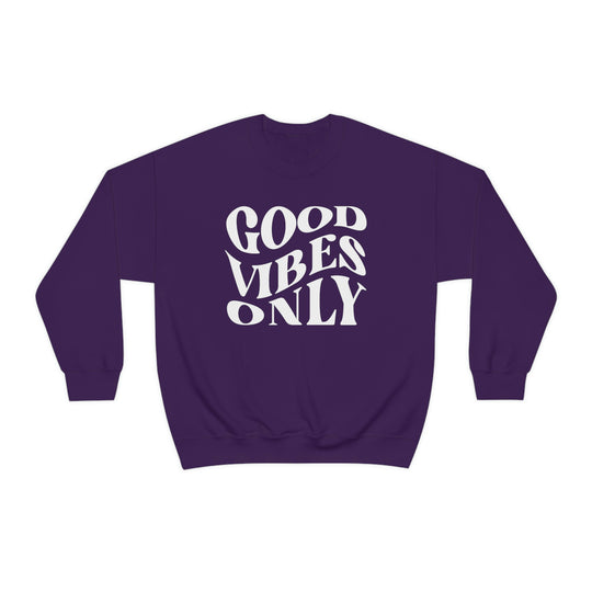 A cozy unisex heavy blend crewneck sweatshirt featuring the Good Vibes Only design. Ribbed knit collar, seamless sides, and a loose fit for ultimate comfort. Perfect for casual days.