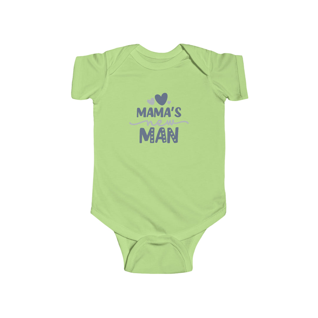 Infant fine jersey bodysuit featuring Mama's New Man Onesie design. 100% cotton fabric, ribbed knit bindings, plastic snaps at closure. Combed ringspun cotton, light fabric, tear away label. Dimensions: W-7.32-12.01in, L-11.46-15.51in, Sleeve-2.52-3.50in.