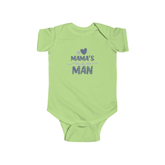 Infant fine jersey bodysuit featuring Mama's New Man Onesie design. 100% cotton fabric, ribbed knit bindings, plastic snaps at closure. Combed ringspun cotton, light fabric, tear away label. Dimensions: W-7.32-12.01in, L-11.46-15.51in, Sleeve-2.52-3.50in.