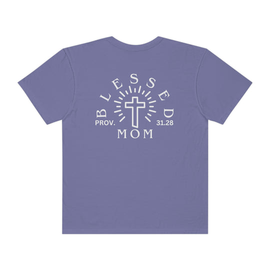 Relaxed fit Blessed Mom Tee, garment-dyed 100% ring-spun cotton shirt. Soft-washed, durable with double-needle stitching, no side-seams for a tubular shape. Medium weight, cozy wardrobe essential.