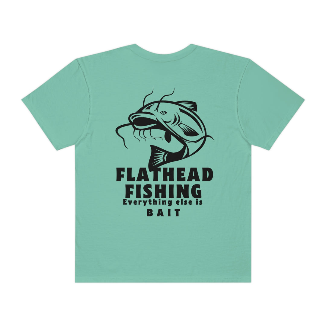 Comfort Colors Flathead Fishing Unisex Tee: Back view of a fish design tee. 100% ring-spun cotton, relaxed fit, durable double-needle stitching, seamless sides. From Worlds Worst Tees.