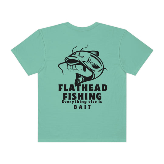 Comfort Colors Flathead Fishing Unisex Tee: Back view of a fish design tee. 100% ring-spun cotton, relaxed fit, durable double-needle stitching, seamless sides. From Worlds Worst Tees.