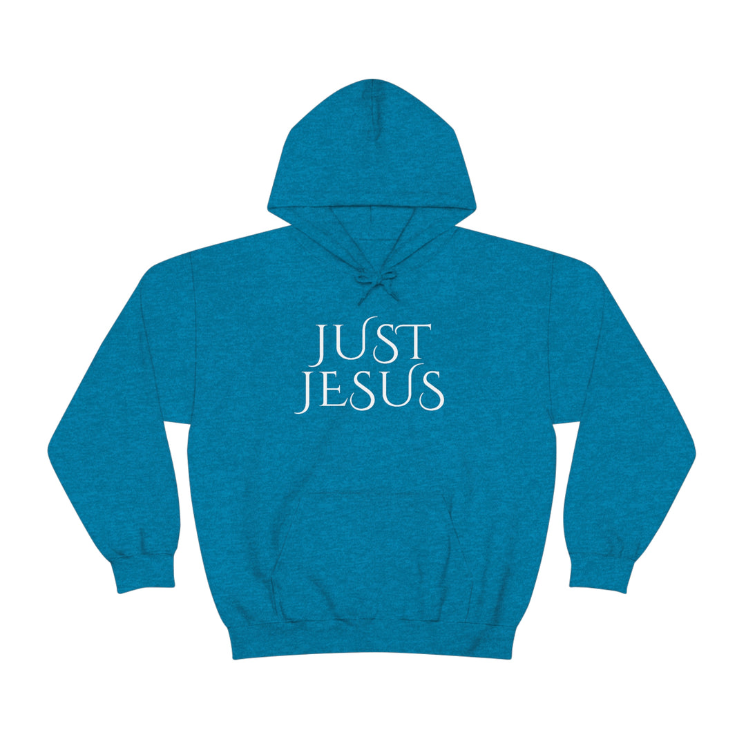 Unisex Just Jesus Hoodie: A cozy blend of cotton and polyester, featuring a kangaroo pocket and drawstring hood. Medium-heavy fabric for warmth and comfort. Ideal for printing.