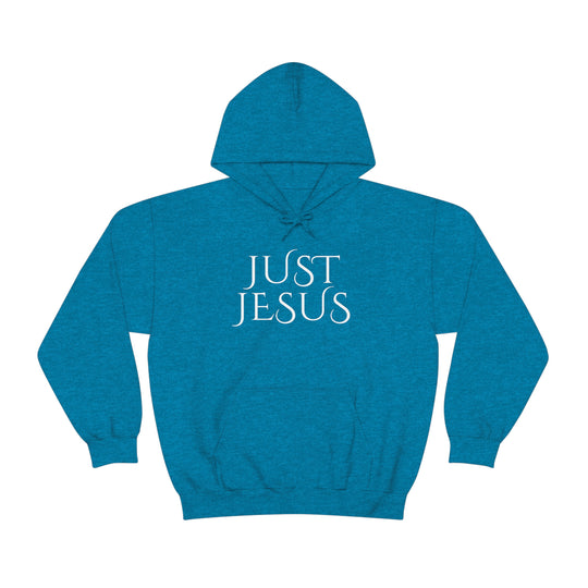Unisex Just Jesus Hoodie: A cozy blend of cotton and polyester, featuring a kangaroo pocket and drawstring hood. Medium-heavy fabric for warmth and comfort. Ideal for printing.