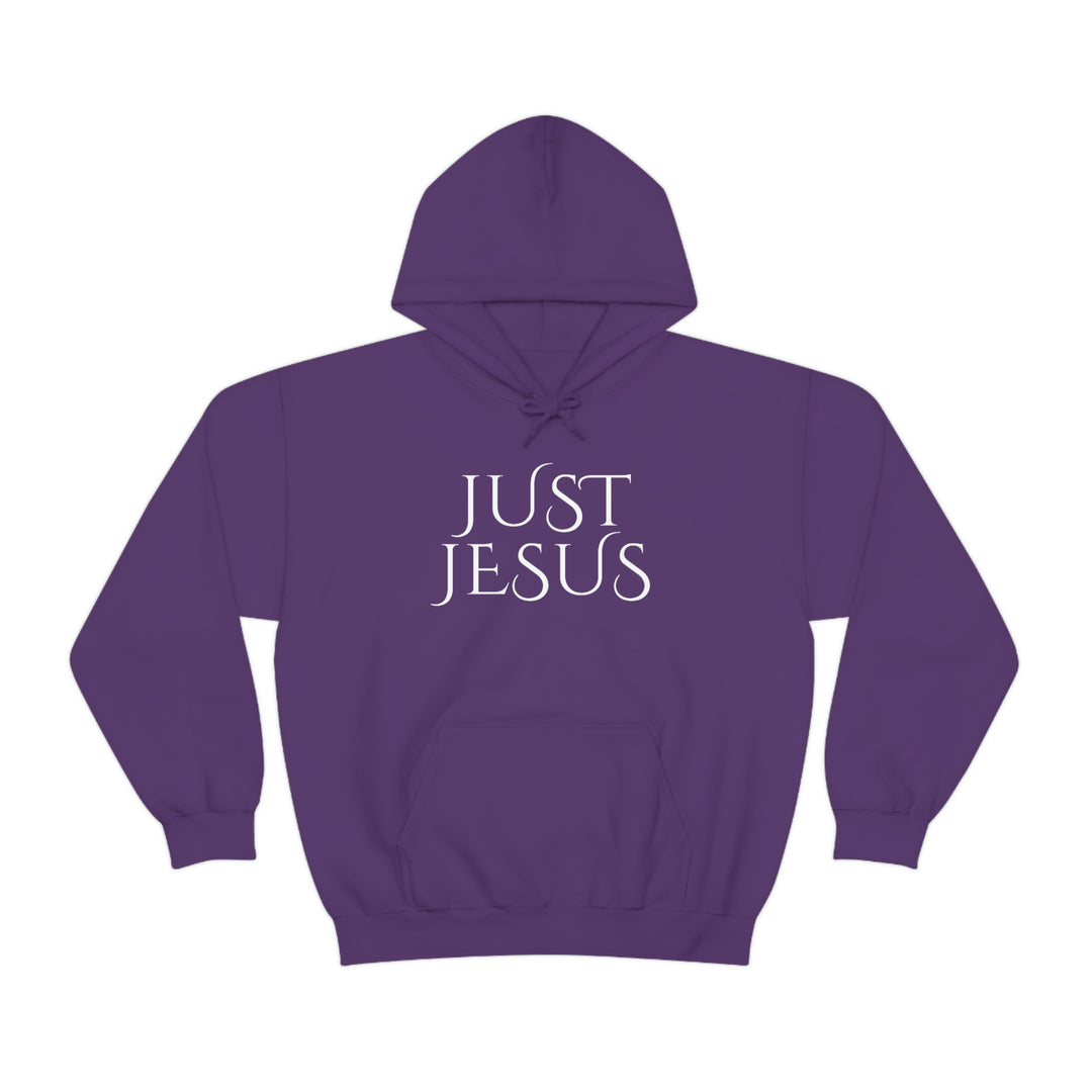 Unisex Just Jesus Hoodie: A cozy blend of cotton and polyester, featuring a kangaroo pocket and drawstring hood. Classic fit, tear-away label, ideal for printing. Sizes S-5XL.