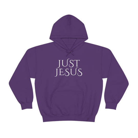 Unisex Just Jesus Hoodie: A cozy blend of cotton and polyester, featuring a kangaroo pocket and drawstring hood. Classic fit, tear-away label, ideal for printing. Sizes S-5XL.