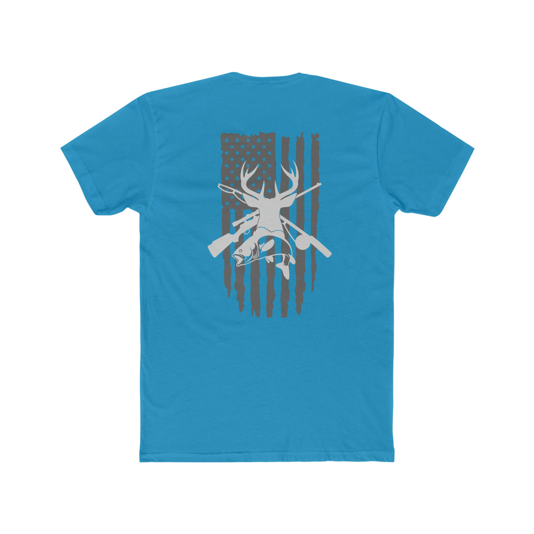 Real American Tee: Blue shirt with flag, deer, and guns. Comfy, light, premium fit. 100% cotton, tear-away label. Ideal for workouts or daily wear.