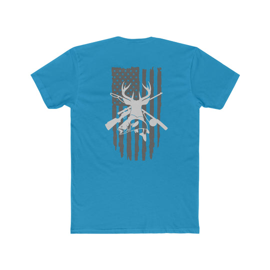 Real American Tee: Blue shirt with flag, deer, and guns. Comfy, light, premium fit. 100% cotton, tear-away label. Ideal for workouts or daily wear.