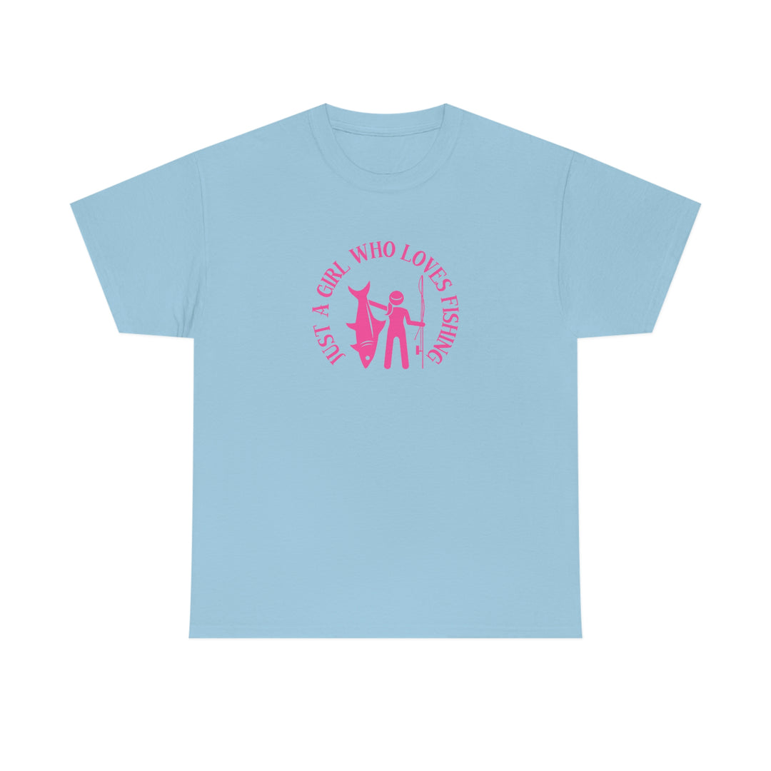 Unisex Just a Girl Who Loves Fishing Tee, a classic fit cotton shirt with a personalized design. Smooth surface for vivid printing, no side seams, tape on shoulders for durability. From Worlds Worst Tees.