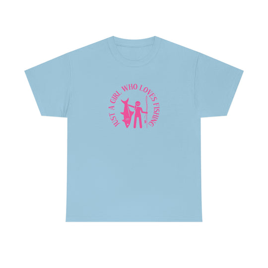 Unisex Just a Girl Who Loves Fishing Tee, a classic fit cotton shirt with a personalized design. Smooth surface for vivid printing, no side seams, tape on shoulders for durability. From Worlds Worst Tees.
