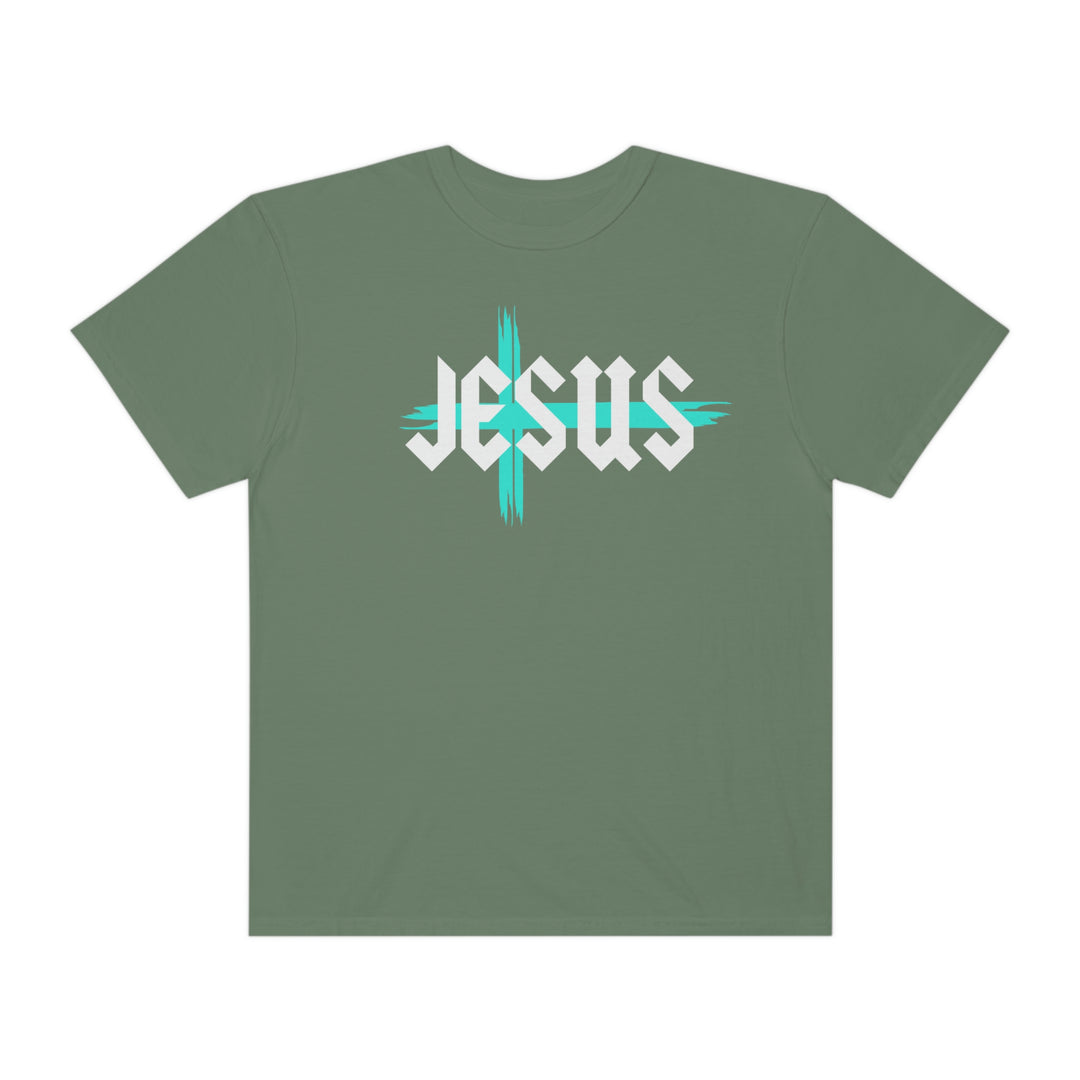 Relaxed fit Jesus Tee, garment-dyed with ring-spun cotton for coziness. Durable double-needle stitching, no side-seams for tubular shape retention. Medium weight, versatile for daily wear.