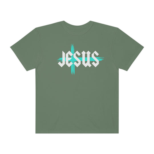 Relaxed fit Jesus Tee, garment-dyed with ring-spun cotton for coziness. Durable double-needle stitching, no side-seams for tubular shape retention. Medium weight, versatile for daily wear.