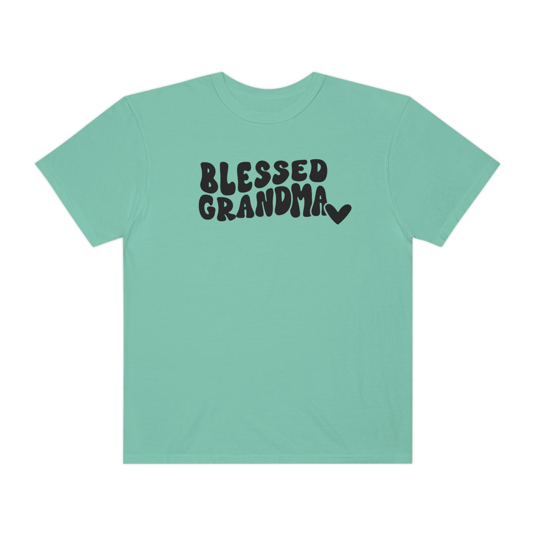 Blessed Grandma Tee: Green shirt with black text, 100% ring-spun cotton, medium weight, relaxed fit, durable double-needle stitching, no side-seams for tubular shape.