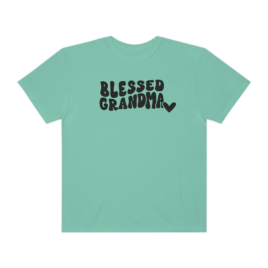 Blessed Grandma Tee: Green shirt with black text, 100% ring-spun cotton, medium weight, relaxed fit, durable double-needle stitching, no side-seams for tubular shape.