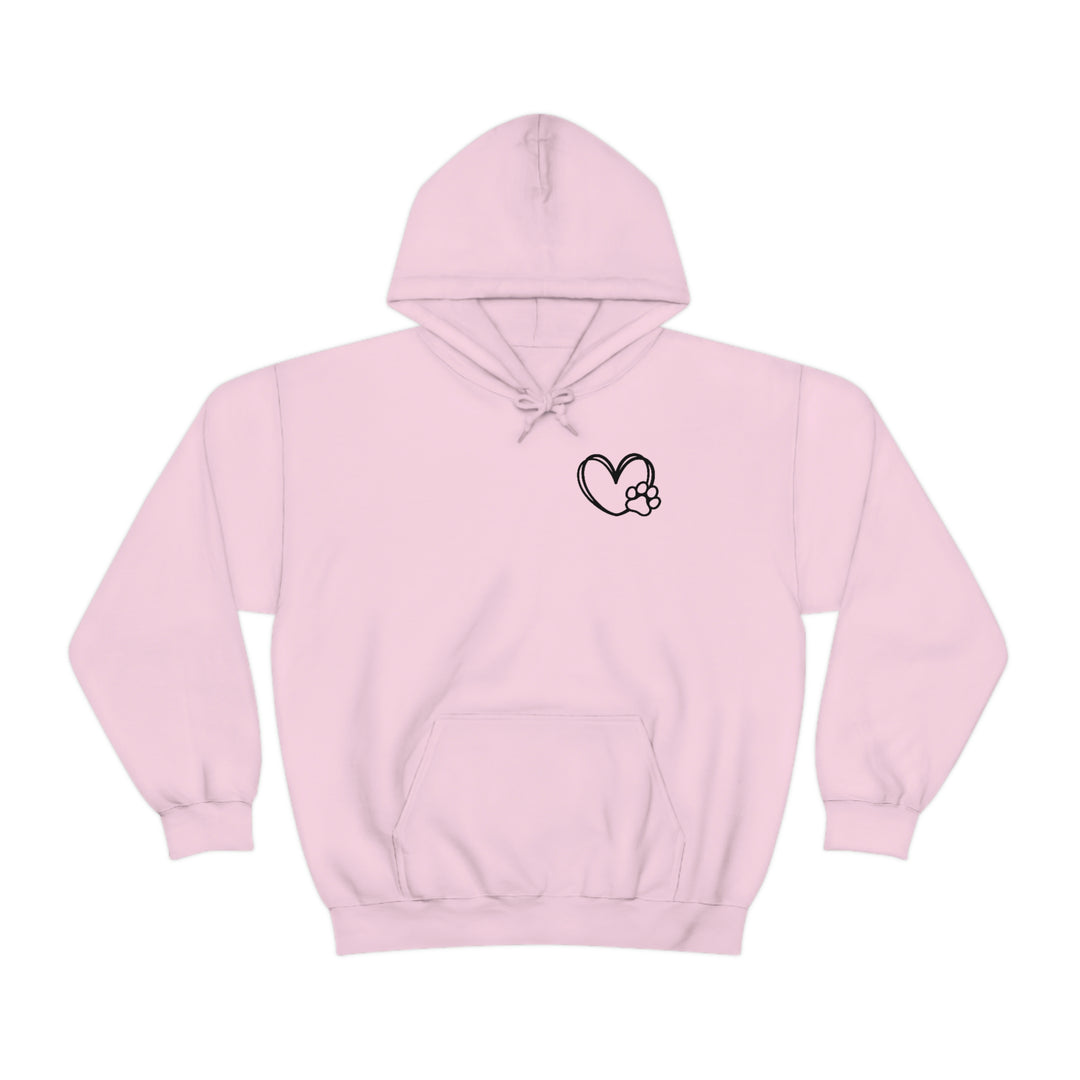 Unisex Dogs are my Favorite People Hoodie, pink with heart and paw print, cotton-polyester blend, kangaroo pocket, classic fit, tear-away label, medium-heavy fabric.