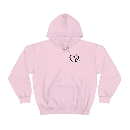 Unisex Dogs are my Favorite People Hoodie, pink with heart and paw print, cotton-polyester blend, kangaroo pocket, classic fit, tear-away label, medium-heavy fabric.