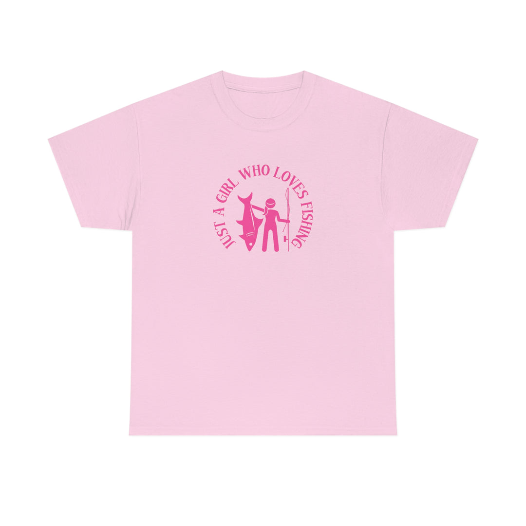 Unisex Just a Girl Who Loves Fishing Tee: Pink shirt with man, woman, fish, and surfboard graphics. 100% cotton, tear-away label, classic fit, no side seams. From 'Worlds Worst Tees'.