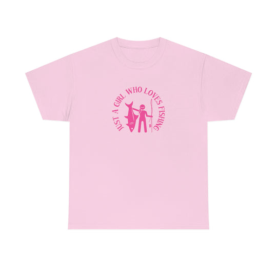 Unisex Just a Girl Who Loves Fishing Tee: Pink shirt with man, woman, fish, and surfboard graphics. 100% cotton, tear-away label, classic fit, no side seams. From 'Worlds Worst Tees'.