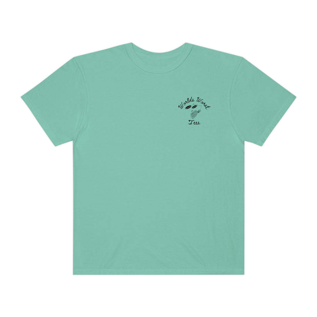 Relaxed fit Bait Fishin Tee, 100% ring-spun cotton. Double-needle stitching for durability, no side-seams for tubular shape. Green shirt with black logo.