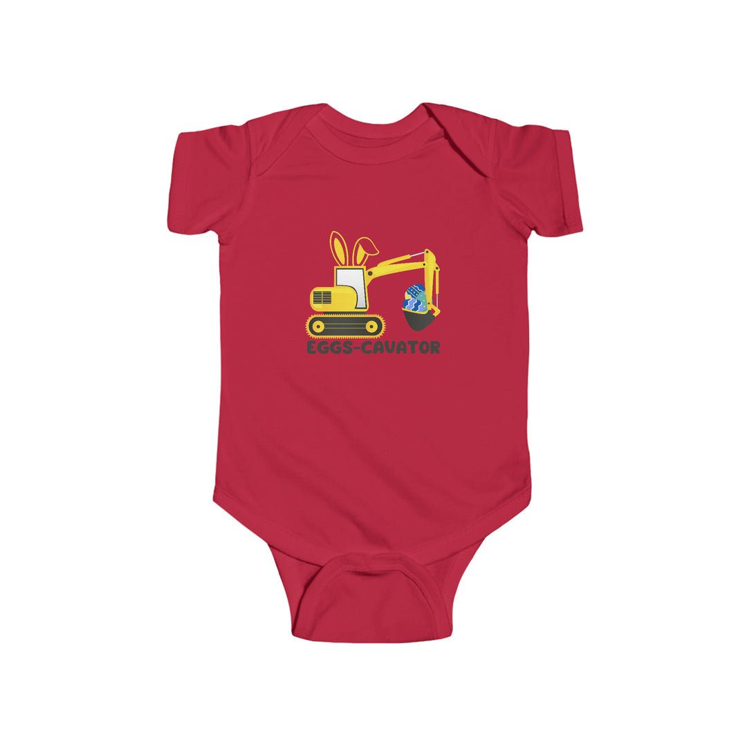 A red baby bodysuit featuring a cartoon bulldozer and bunny, ideal for infants. Made of 100% cotton, with ribbed bindings for durability and plastic snaps for easy changing. Title: Eggs-Cavator Onesie.