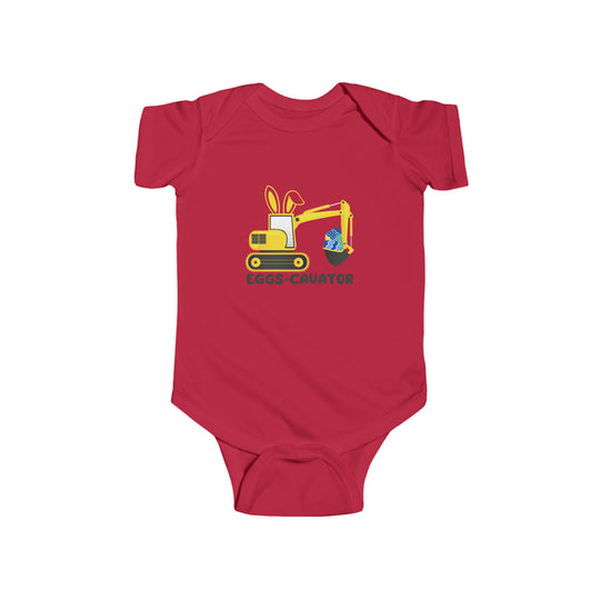 A red baby bodysuit featuring a cartoon bulldozer and bunny, ideal for infants. Made of 100% cotton, with ribbed bindings for durability and plastic snaps for easy changing. Title: Eggs-Cavator Onesie.