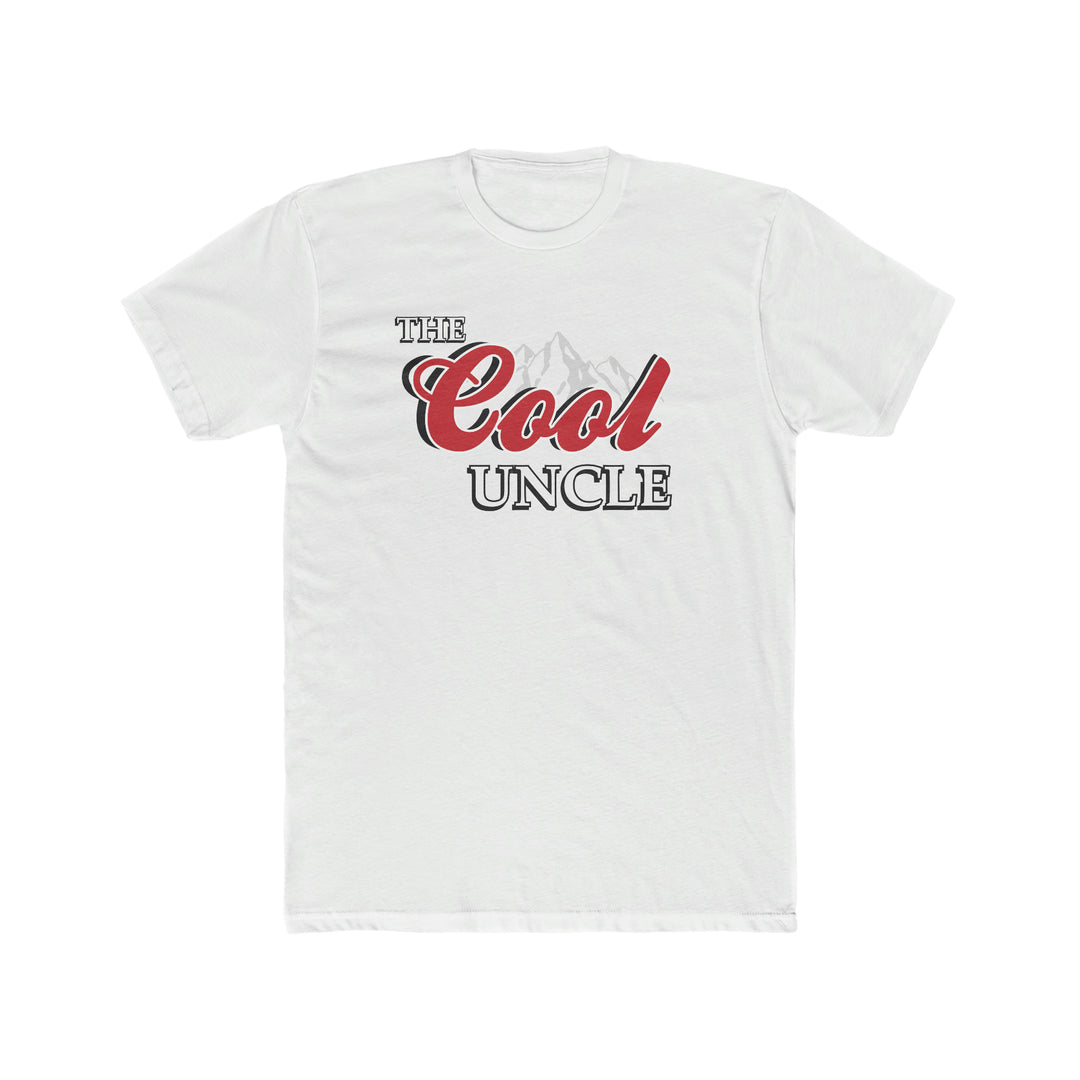 Premium fitted men’s tee, The Cool Uncle Tee, in white with red and black text. Comfy, light, ribbed collar, 100% cotton, roomy fit. Ideal for workouts or daily wear. From Worlds Worst Tees.