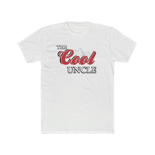 Premium fitted men’s tee, The Cool Uncle Tee, in white with red and black text. Comfy, light, ribbed collar, 100% cotton, roomy fit. Ideal for workouts or daily wear. From Worlds Worst Tees.