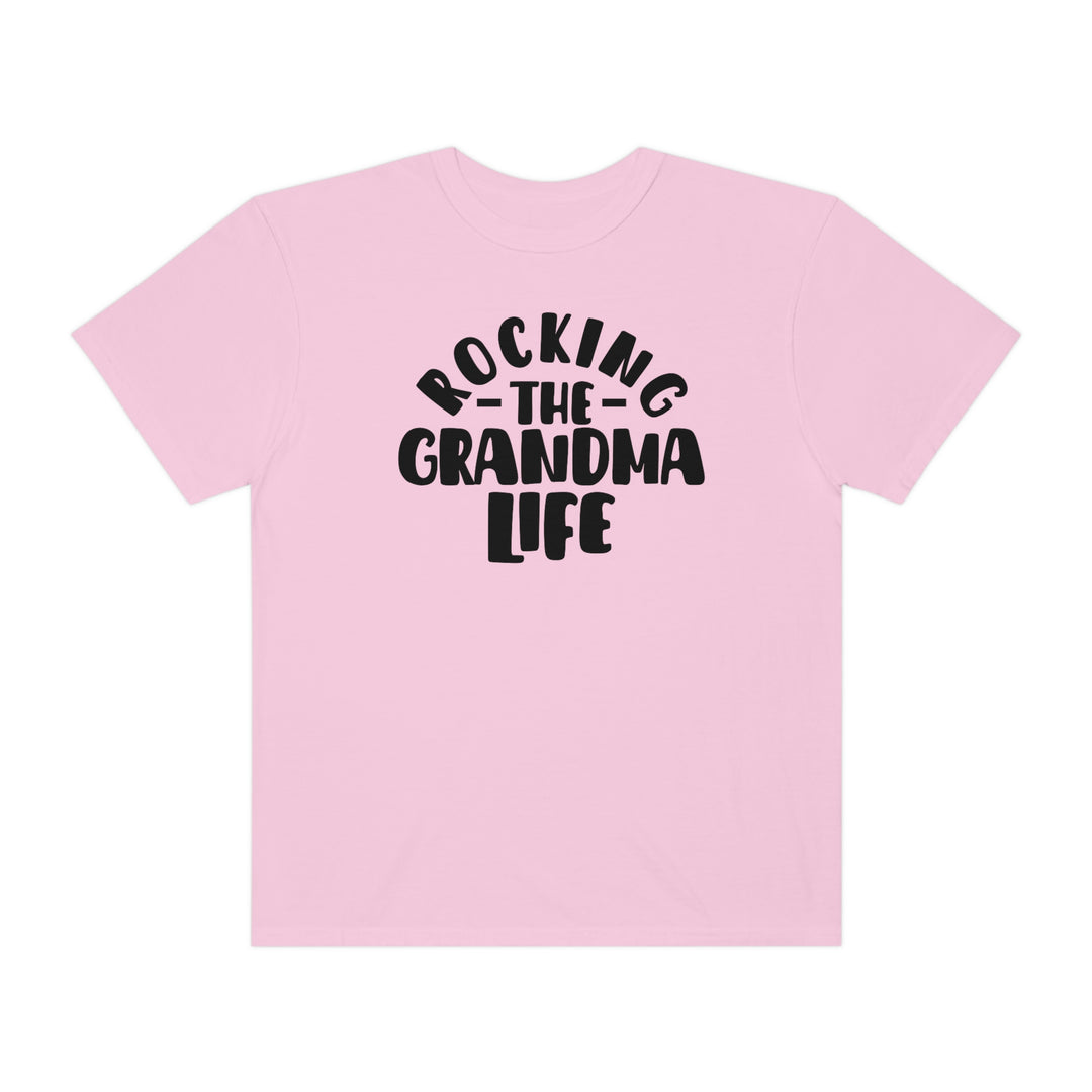 Relaxed fit Rocking the Grandma Life Tee, 100% ring-spun cotton. Garment-dyed for coziness, double-needle stitching for durability. No side-seams, tubular shape. Medium weight, versatile daily wear.