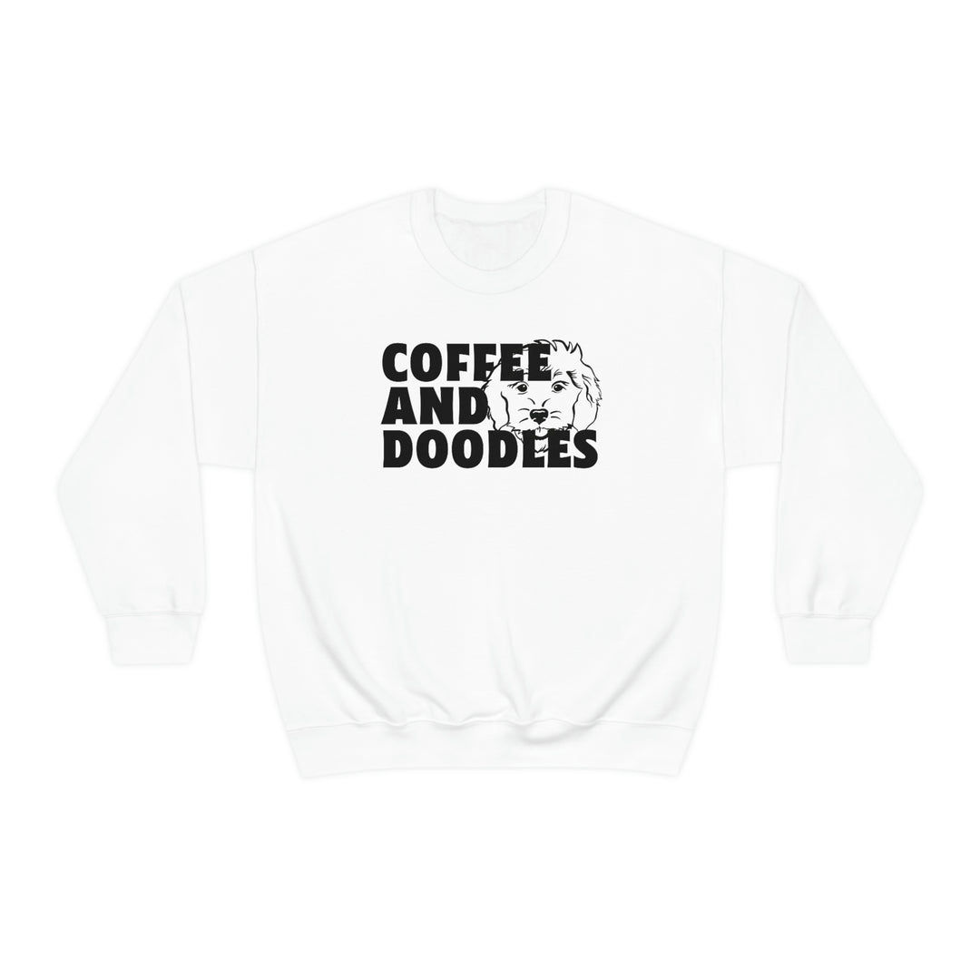 Unisex Doodles and Coffee Crewneck sweatshirt featuring black text on white fabric. Medium-heavy blend of polyester and cotton for comfort. Ribbed knit collar, no itchy seams. Loose fit, sewn-in label.