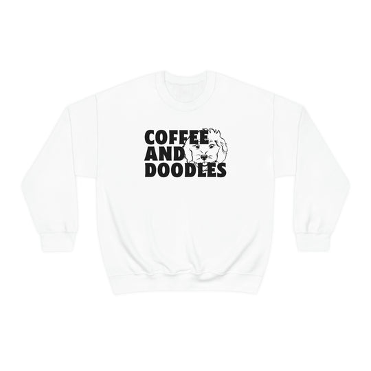 Unisex Doodles and Coffee Crewneck sweatshirt featuring black text on white fabric. Medium-heavy blend of polyester and cotton for comfort. Ribbed knit collar, no itchy seams. Loose fit, sewn-in label.
