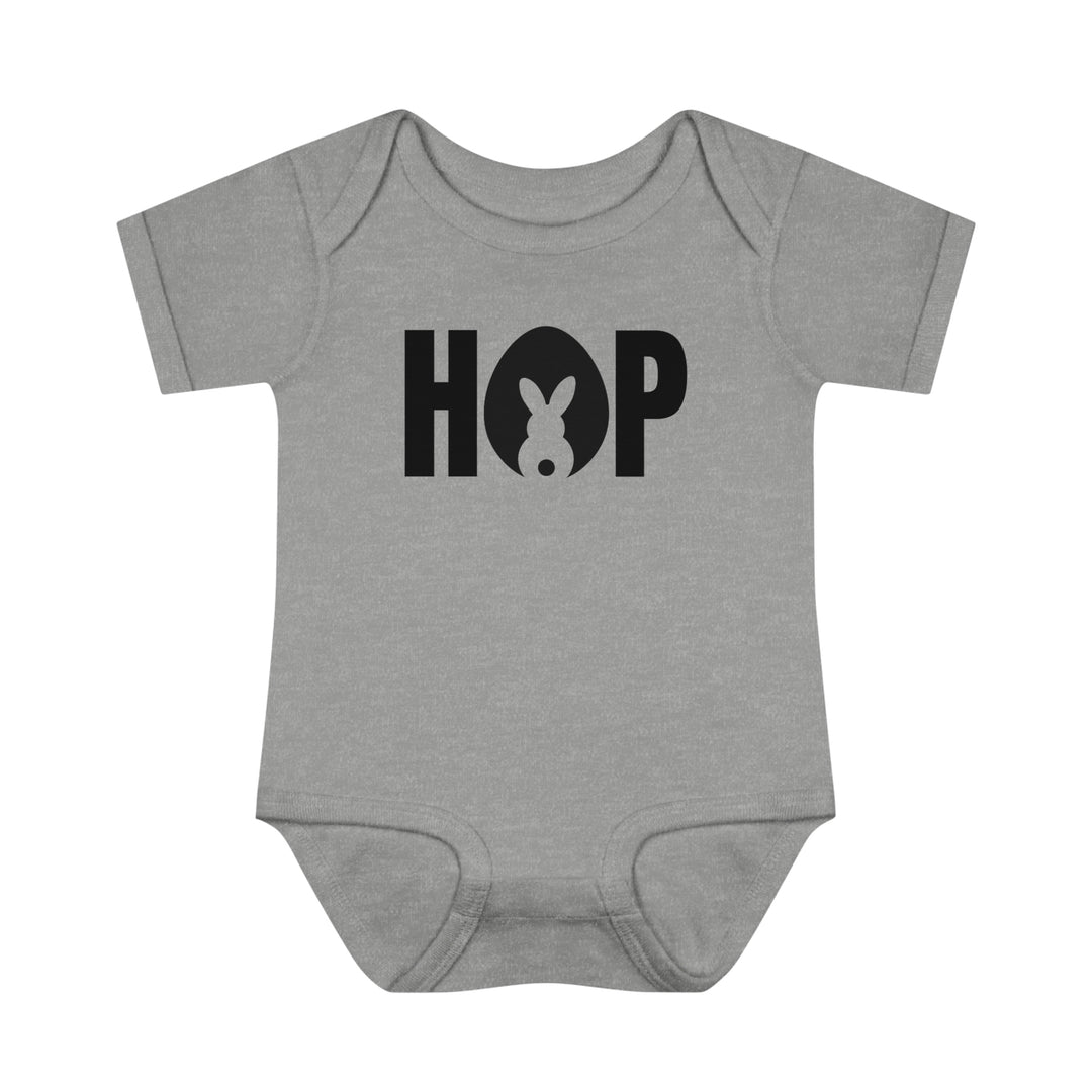 Hop Onesie infant baby rib bodysuit with bunny logo, lap shoulders for easy dressing, 100% ring-spun cotton, light fabric. From 'Worlds Worst Tees'.