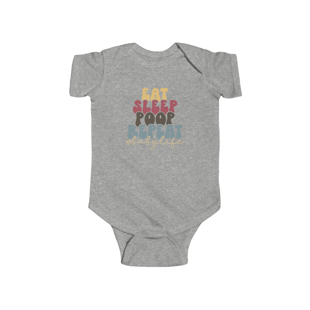 Infant fine jersey bodysuit featuring Eat Sleep Poop Onesie title. 100% cotton fabric, ribbed knitting for durability, plastic snaps for easy changing. From Worlds Worst Tees.