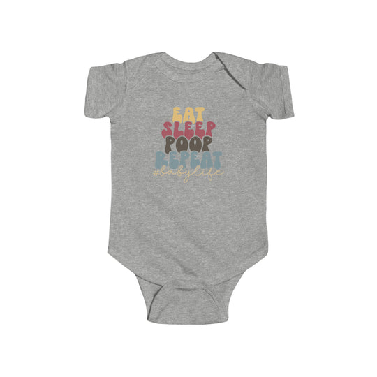 Infant fine jersey bodysuit featuring Eat Sleep Poop Onesie title. 100% cotton fabric, ribbed knitting for durability, plastic snaps for easy changing. From Worlds Worst Tees.