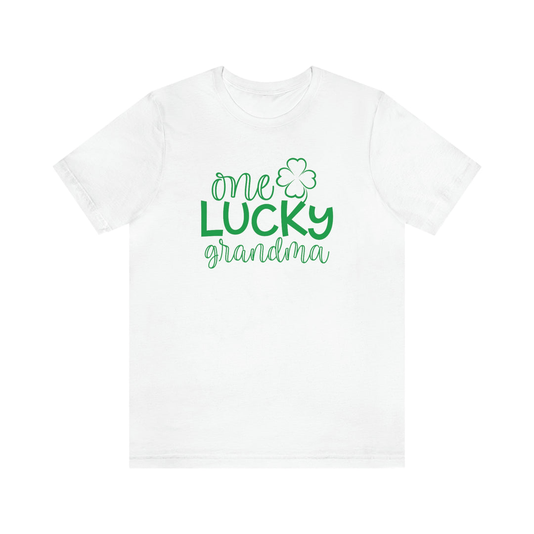 A classic white unisex tee with green text, featuring a four-leaf clover design. Made of soft cotton, ribbed knit collars, and shoulder taping for durability. Perfect for lucky grandmas.