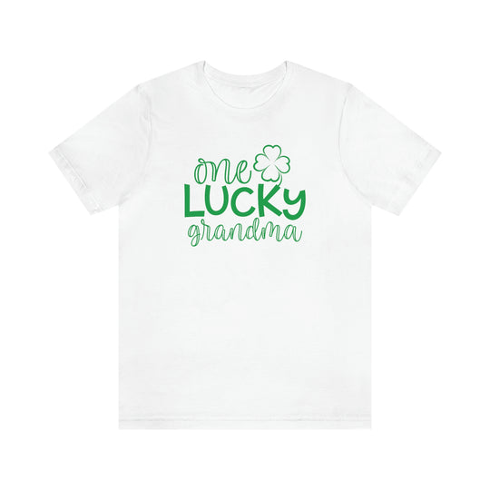 A classic white unisex tee with green text, featuring a four-leaf clover design. Made of soft cotton, ribbed knit collars, and shoulder taping for durability. Perfect for lucky grandmas.