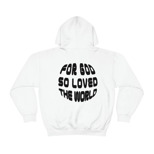 Unisex For God So Loved the World Hoodie in white, with black text. Heavy blend fabric, kangaroo pocket, drawstring hood. Ideal for comfort and warmth. Classic fit, tear-away label. Sizes S to 5XL.