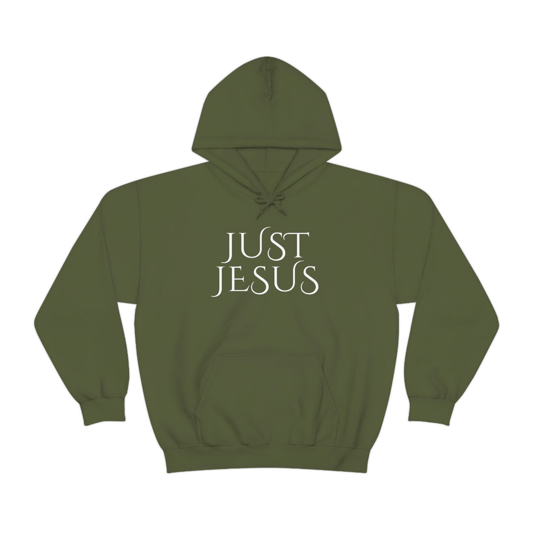 A cozy Just Jesus Hoodie, a cotton-polyester blend sweatshirt with a kangaroo pocket and drawstring hood. Classic fit, tear-away label, ideal for printing.