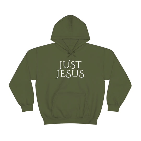 A cozy Just Jesus Hoodie, a cotton-polyester blend sweatshirt with a kangaroo pocket and drawstring hood. Classic fit, tear-away label, ideal for printing.