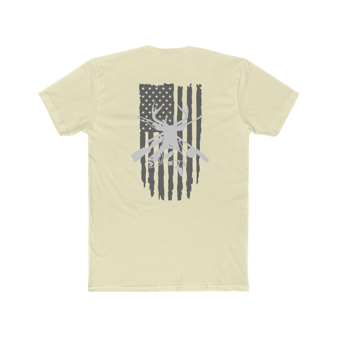 Real American Tee: A premium fitted t-shirt with a bold back print featuring a flag, deer, and fish. Made of 100% combed cotton, light fabric, tear-away label, ideal for workouts or daily wear.