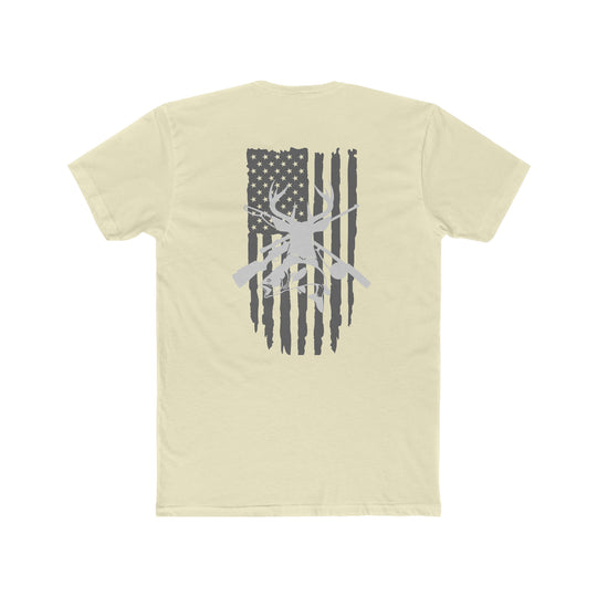 Real American Tee: A premium fitted t-shirt with a bold back print featuring a flag, deer, and fish. Made of 100% combed cotton, light fabric, tear-away label, ideal for workouts or daily wear.