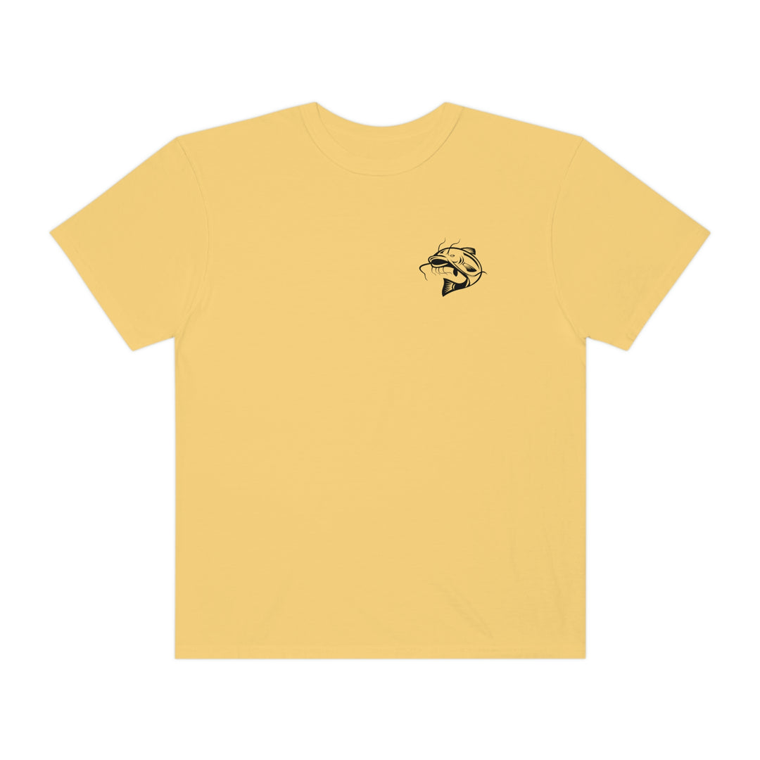 Comfort Colors Flathead Fishing Unisex Tee: Ring-spun cotton tee with a fish logo. Garment-dyed for coziness, relaxed fit, durable double-needle stitching, and seamless design. From Worlds Worst Tees.
