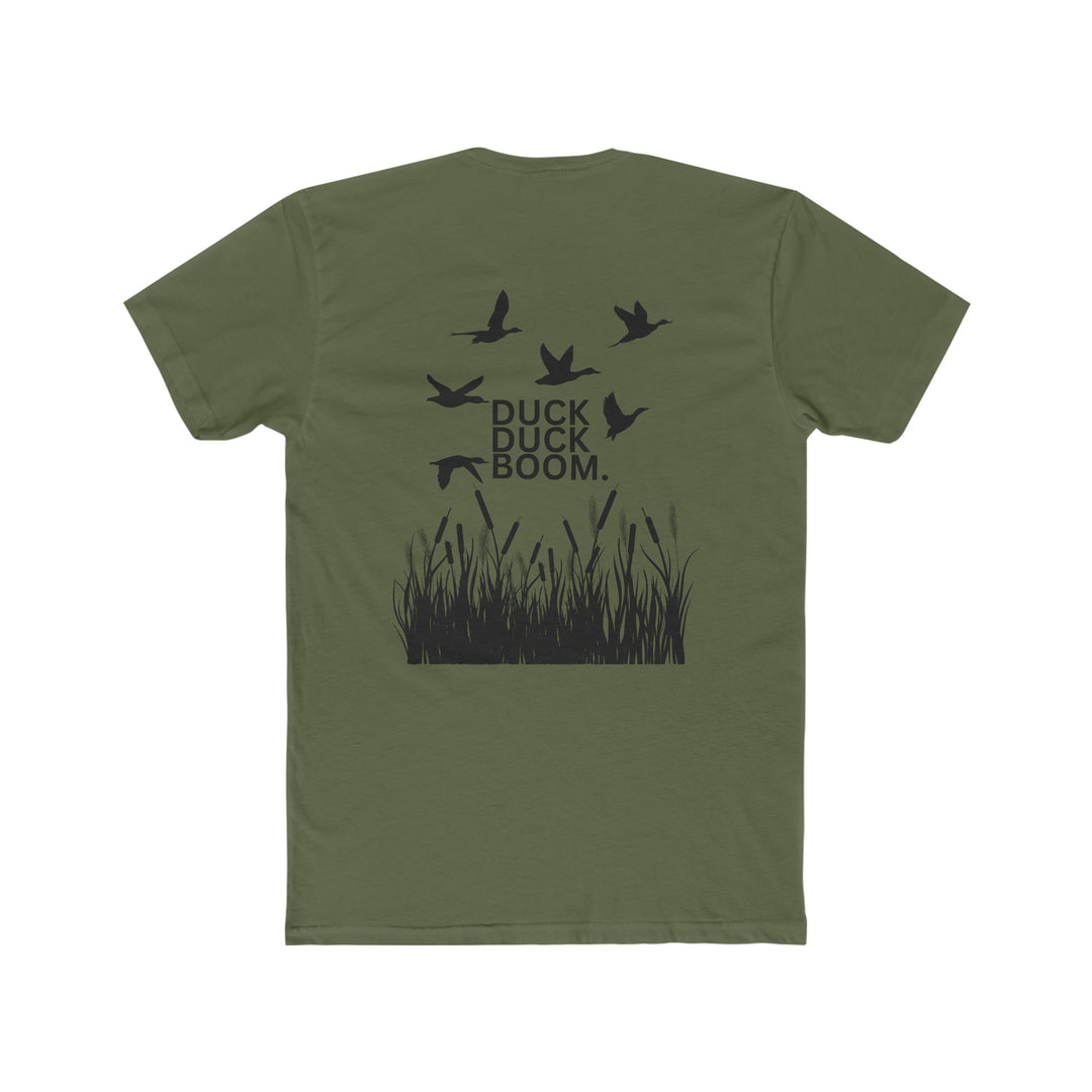 A premium fit Duck Duck Boom Tee, men's short sleeve shirt with a back design of birds and grass. Comfy, light, ribbed knit collar, roomy, 100% cotton. Sizes XS to 4XL.