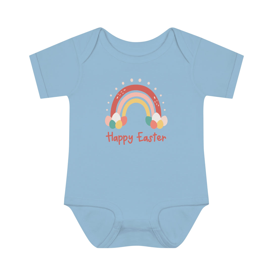 Happy Easter Rainbow Onesie: A blue baby bodysuit featuring a rainbow and eggs, made of soft ring-spun cotton for ultimate comfort. Lap shoulders for easy adjustments. Infant unisex fit, light fabric.