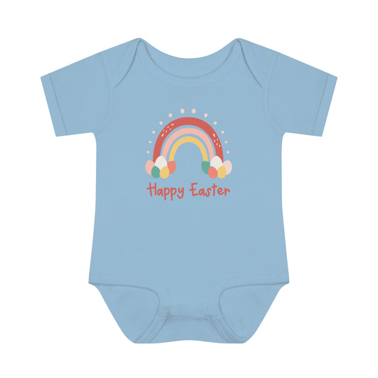 Happy Easter Rainbow Onesie: A blue baby bodysuit featuring a rainbow and eggs, made of soft ring-spun cotton for ultimate comfort. Lap shoulders for easy adjustments. Infant unisex fit, light fabric.